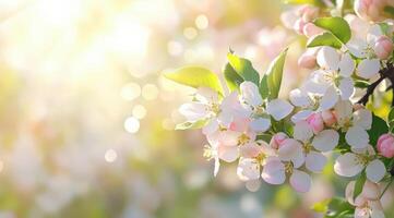 Spring blossom background. Beautiful nature scene with blooming tree and sun flare. Sunny day. Spring flowers. Beautiful Orchard. Abstract blurred background. photo