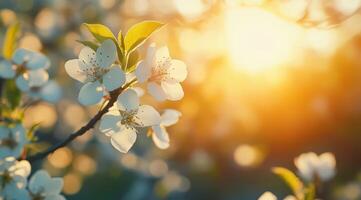 Spring blossom background. Beautiful nature scene with blooming tree and sun flare. Sunny day. Spring flowers. Beautiful Orchard. Abstract blurred background. photo