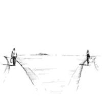 Black and white sketch of a man and a woman walking away from each other on diverging paths vector