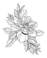 Black and white line art illustration of a detailed flower in full bloom vector