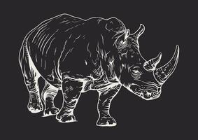 Detailed black and white illustration of a rhinoceros, featuring two prominent horns on its snout, set against a white background vector
