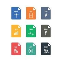 Icon of dwg, flv, , xls, wav, mdb, rss, avi, and mov file extension. vector