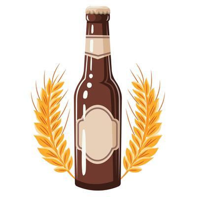 A bottle of beer with a label and a wreath of wheat ears around.