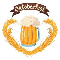 A beer mug with a wheat heart around it and the words Oktobersfest above it. vector