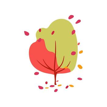 Hand drawn tree with light red and green leaves, suitable for spring and autumn. Simple design. Flat illustration. Icon vector