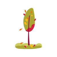 Hand drawn tree in red and green with leaves and grass. Simple design. Flat illustration. Icon. vector
