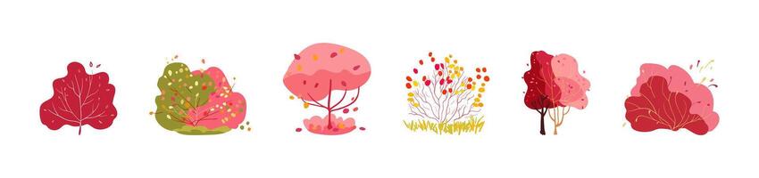 Autumn set of decorative bushes with thin branches of pink and red trees. Leaf fall. Multi-colored bright botany. Bushes with folk branches. Isolated vector