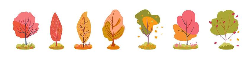 Botanical set of green red trees. Lush orange and pink foliage. Isolated vector