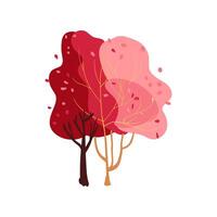 Hand drawn trees with pink, coral, red, and dark red branches and falling leaves. Simple design. illustration. Icon vector