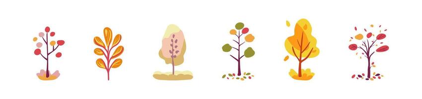 Set of decorative autumn trees. Autumn. Decorative pink and red trees with leaves. Multi-colored bright botany folk. Isolated vector