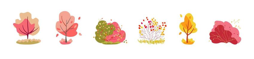 Autumn set of decorative bushes with thin branches of pink and red trees. Leaf fall folk. Multi-colored bright plants vector