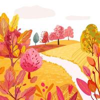 Autumn poster with a cute landscape. Hill with a clearing and a raspberry bush. Hand drawn illustration. Red trees and plants near the path. vector