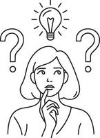 Minimalist Line Art Woman Thinking with Idea Light Bulb and Question Marks Problem Solving Concept vector