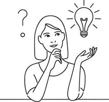 Minimalist Line Art Woman Thinking with Idea Light Bulb and Question Marks Problem Solving Concept vector