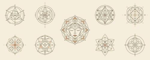 Mystical Sacred Geometry Symbols. Polygonal and Geometric Line Art Patterns Featuring Mandalas, Hexagons, Triangles for Creative, Spiritual, and Esoteric Design vector