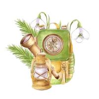Camping, watercolor composition on a white background tourist backpack, spyglass, compass, kerosene lamp. Design element vector