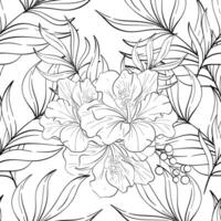 seamless pattern flowers with palm leaves. Background with Tropical botanic illustration. Summer exotic, elegant flora. Black silhouette for circuit vector