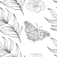seamless pattern with tropical palm leaves, butterfly, summer botanic. Isolated. Decorative beauty elegant illustration for design, compositions. Black silhouette for circuit vector