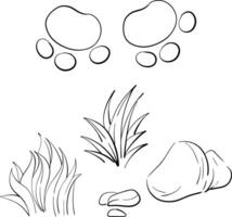 grass, rocks, dinosaur tracks. Jurassic set, clip art. Illustration for design, compositions. Black silhouette for circuit vector