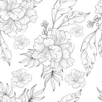 seamless pattern Hibiskus bouquet with palm leaves. Background with Tropical botanic illustration. Summer exotic, elegant flora. Black silhouette for circuit vector