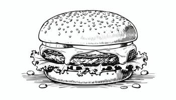 Hamburger Burger Cheeseburger Sketch Style - Beef Bread Meet Drawn vector