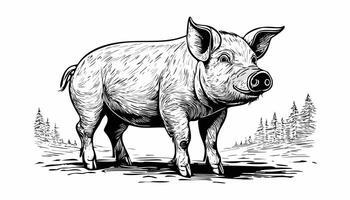Pig Sketch Style - Animal Farm Mammal Pork Meat Hog Beef Drawn vector