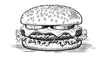 Hamburger Burger Cheeseburger Sketch Style - Beef Bread Meet Drawn vector