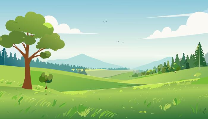 Green Landscape with Trees and Grass - Tree Nature Forest Park Garden Spring Cloud Field Countryside Scene
