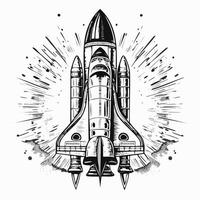 Space Ship Rocket Sketch Style - Spaceship Astronaut Launch Doodle Science Technology Galaxy vector