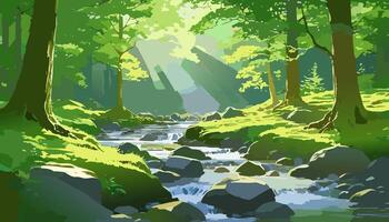 Serene Forest Glade with Sunlight Through the Trees - Tree Meditation Background Cartoon Environment Woods Jungle Nature Plant vector