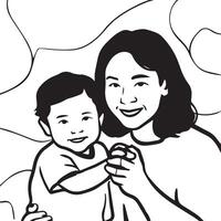 A sleek black silhouette of a mother holding her children, one on each side, set against a pure white background. vector