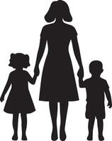 Black silhouette of a mother holding two children, one on each side, against a solid white background. Flowing lines to emphasize the bond between the mother and her kids. vector