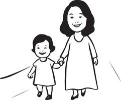 A minimalist black silhouette of a mother holding her children, one on each side, against a solid transparent background vector