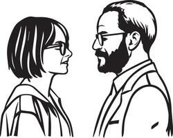 A joyful couple embracing each other in black and white artwork set against a white background. vector