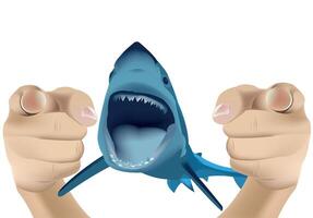 Shark attack pointing with open mouth and teeth vector