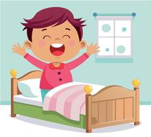 Happy boy waking up and stretching in bed vector