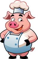 Smiling pig chef character wearing toque and uniform standing with hands on hips vector