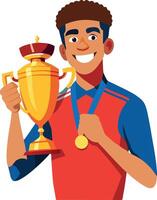 Smiling athlete is holding a trophy and a medal vector