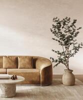 Scandinavian corner with golden velvet sofa and organic elements for a serene space. 3d render photo
