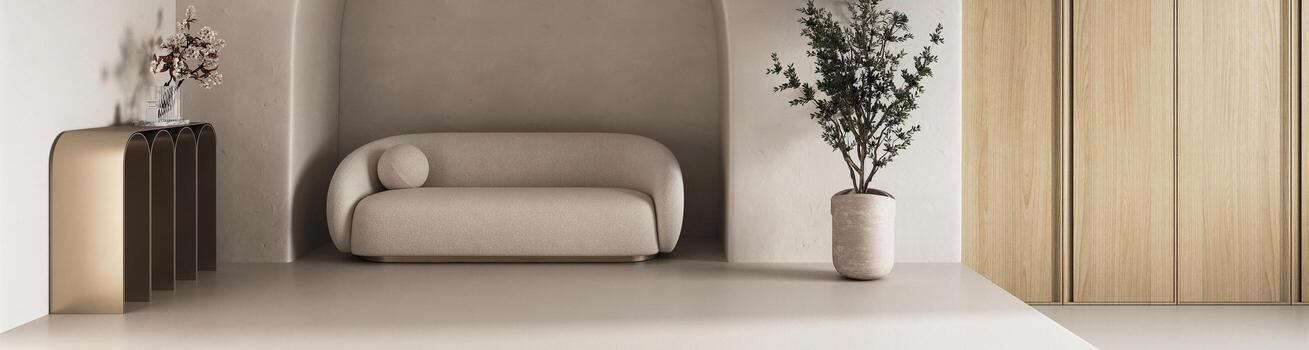 Elegance redefined in a minimalist space. A streamlined sofa, arching gold console, and potted tree set against a refined textured wall in a 3d render photo