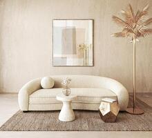 A study in textures and shapes. An inviting sofa scene with abstract art and a metallic palm tree light, render in a 3d textured living space photo