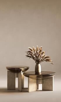 Elegantly simple 3d render composition of textured tables and vase with pampas grass, showcasing the interplay of form and texture in design photo