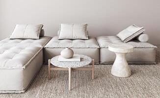 Laid-back luxury. A chic modular sofa set with matching terrazzo tables, showcased in a 3d render of a textured neutral living room photo