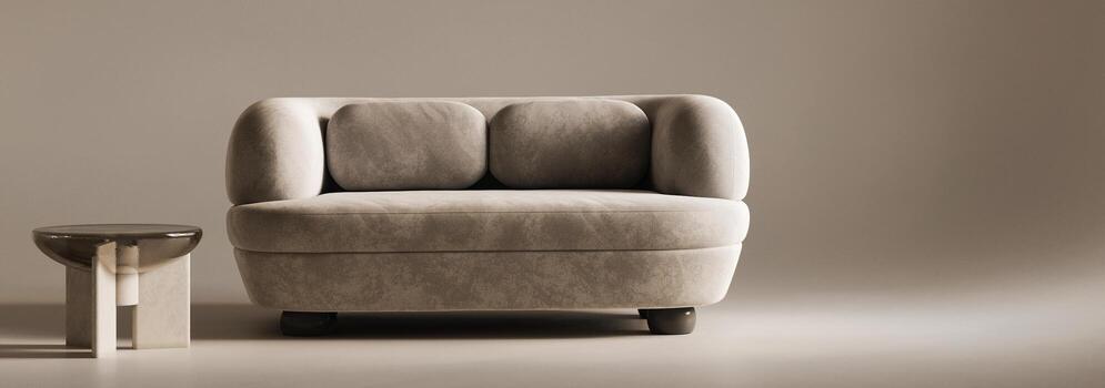 Luxury and comfort in a minimalist setting featuring a plush sofa and textured side table, a 3d render that epitomizes modern living spaces photo