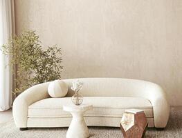 Relaxed living space with plush curved couch, abstract art, marble table, and unique floor lamp in daylight photo