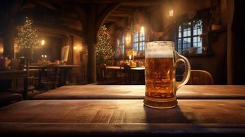 Golden beer mug on rustic table in old world tavern with festive lights. photo
