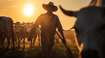 Cattle rancher at dusk a portrait of agricultural life. photo