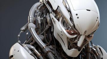 Intricate mechanical head of a humanoid robot with a gaze. photo