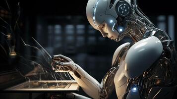 Futuristic android engaged in digital interface interaction. photo