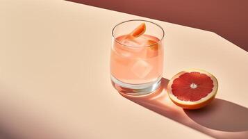 Elegant grapefruit drink with ice in a glass, half grapefruit on pastel surface. photo